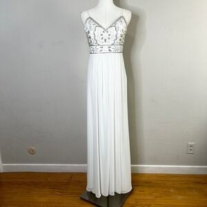Sue Wong Nocturne White Beaded Embellished V Neck‎ Spaghetti Maxi Dress Size 6